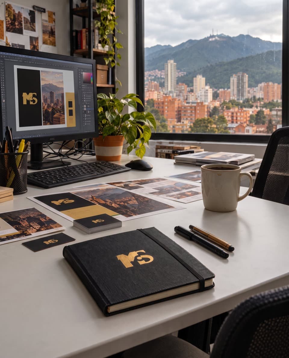 Escritorio de trabajo de la agencia con diseños en pantalla, tarjetas y libreta de MCS, con vista a Bogotá y los cerros al fondo