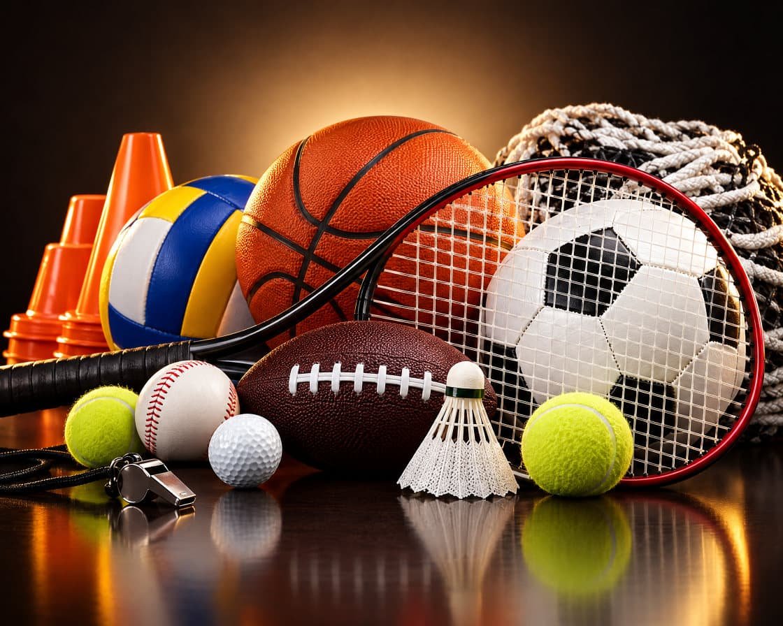 Balones, raquetas, conos, malla y silbato de dotación deportiva