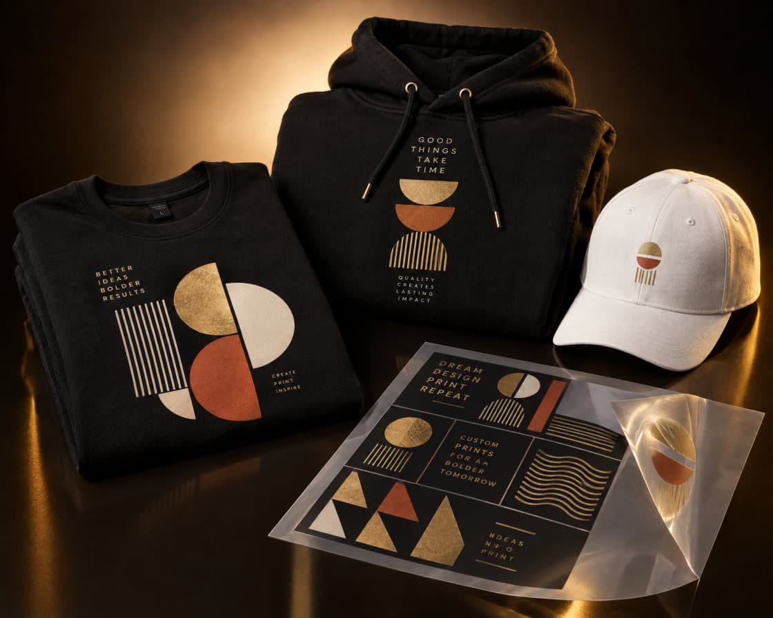 Camiseta, buzo y gorra con estampados DTF geométricos en dorado y terracota, junto a una lámina de transfer