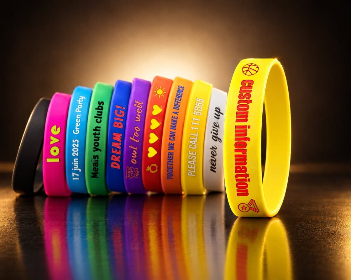 Manillas de silicona de colores personalizadas con mensajes impresos