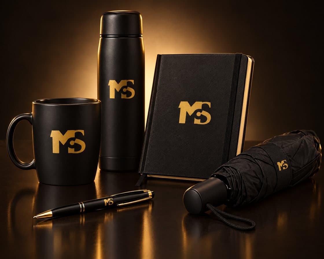 Mug, termo, libreta, bolígrafo y sombrilla negros marcados con el monograma dorado de MCS