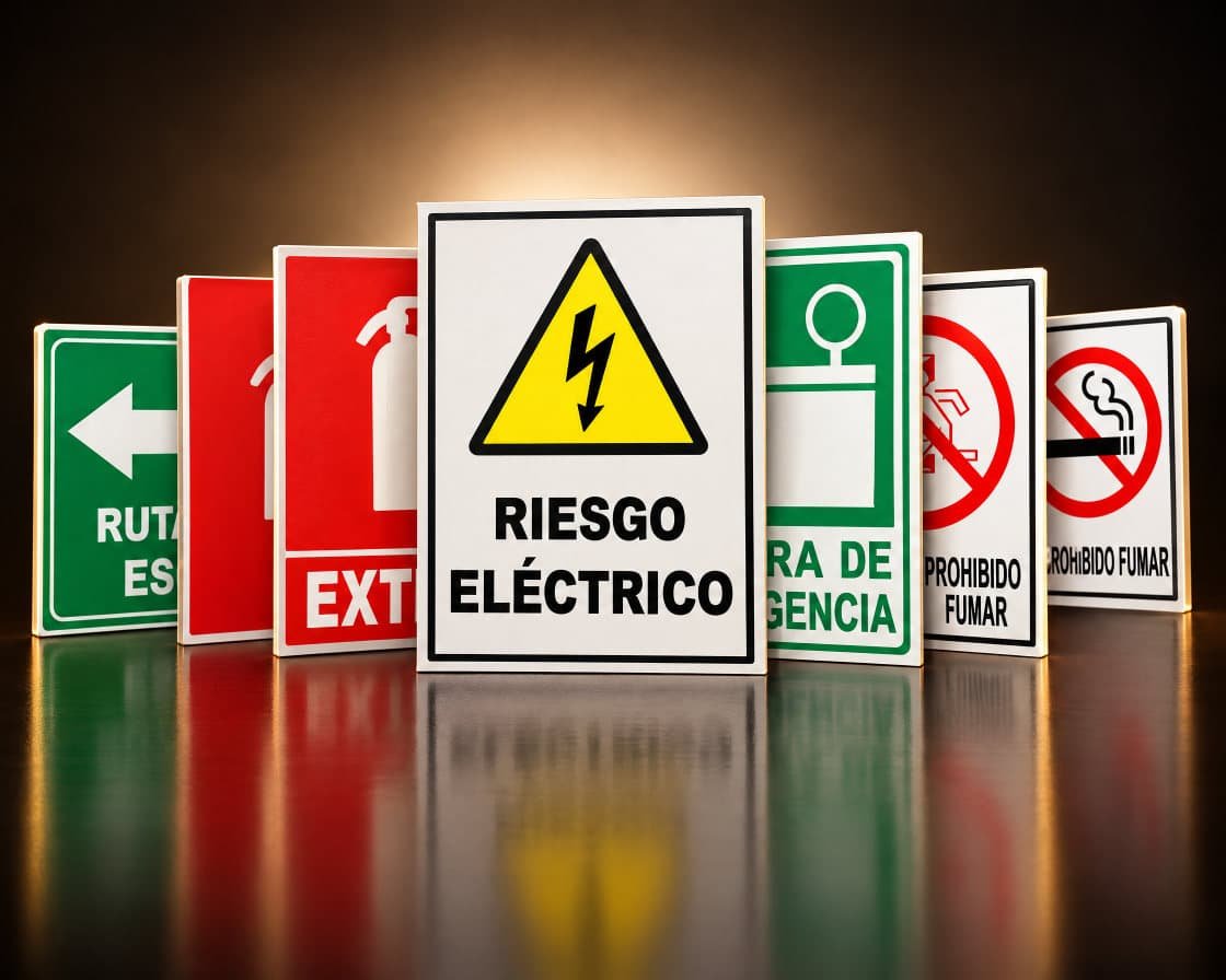 Placas de señalización de seguridad y evacuación, con la de riesgo eléctrico al frente