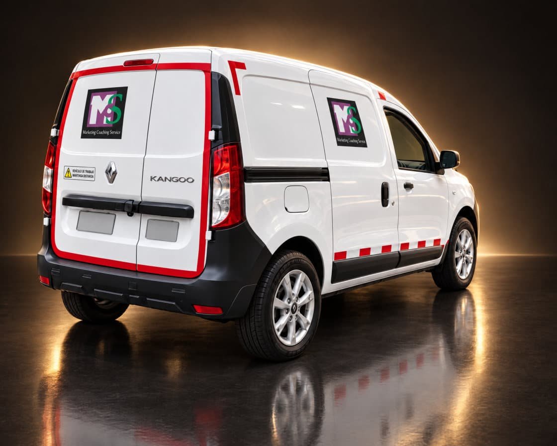Furgoneta Renault Kangoo blanca de MCS con su rotulación corporativa, fotografiada en estudio